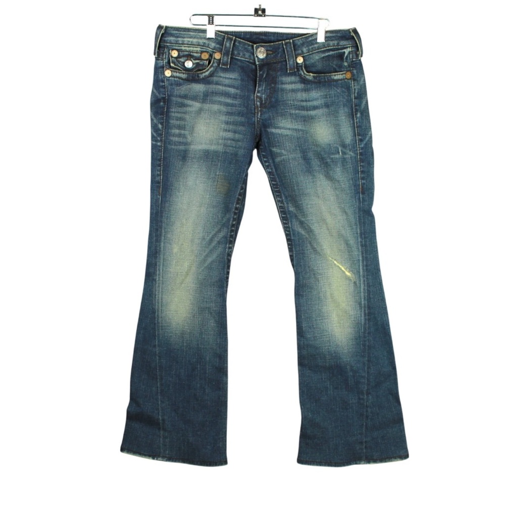 True Religion Rainbow Joey Jean Women Sz 31 Low Boot Blue Distressed Stretch USA